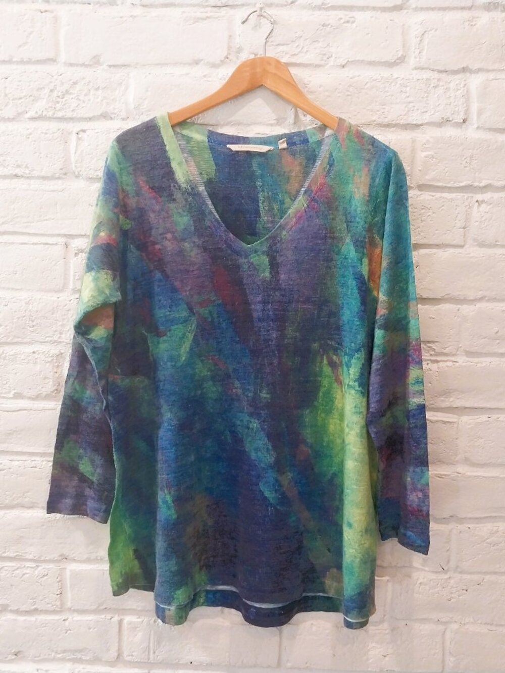 Soft Surroundings Knit Top XL Blue Multicolor Lightweight V-Neck Long Sleeve